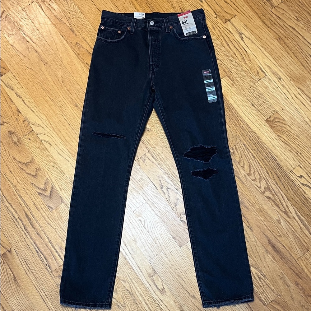 Levi's 501 Button Fly Black Distressed Raw Hem Denim Jeans New! W/28 L/32 NWT